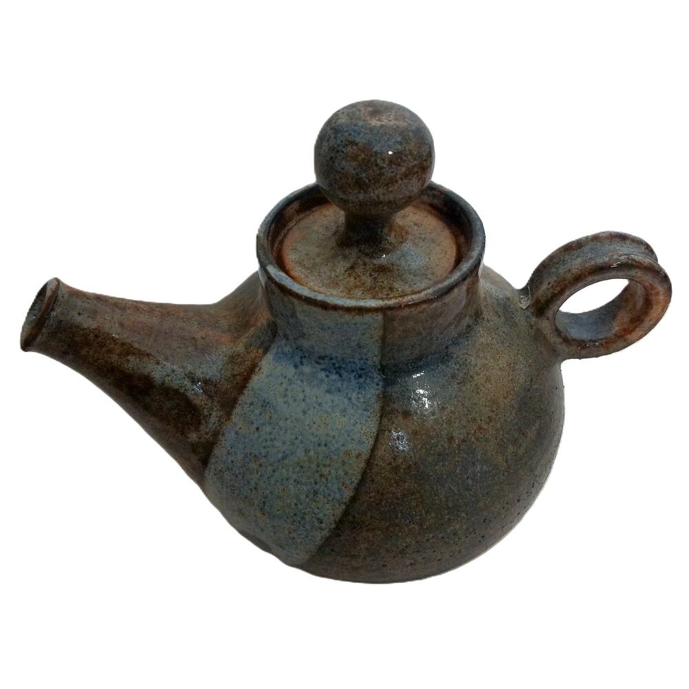 Vintage Rustic Handmade Studio Pottery Teapot with Brown and Blue Glaze